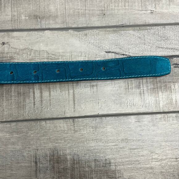 Vintage Native American Indian Head Silver Buckle Teal Calfskin Leather Belt S - Picture 4 of 10